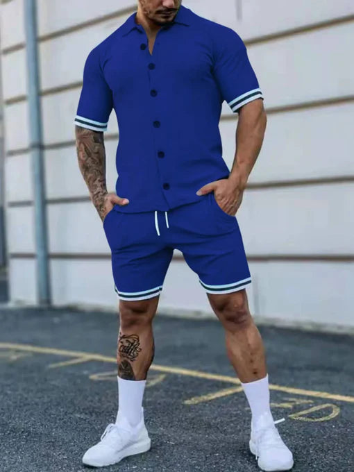 Men's Full Size Striped Hem Button Up Top and Shorts Set Plus Size