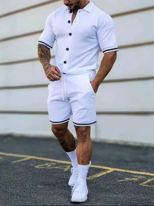 Men's Full Size Striped Hem Button Up Top and Shorts Set Plus Size