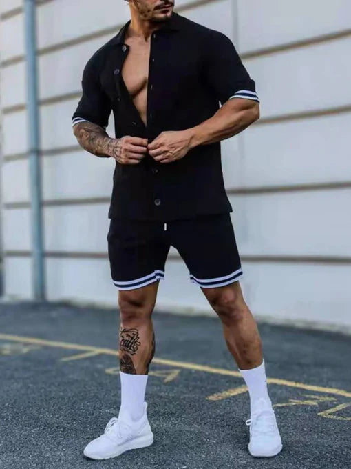 Men's Full Size Striped Hem Button Up Top and Shorts Set Plus Size