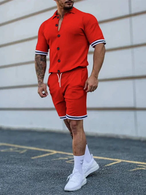 Men's Full Size Striped Hem Button Up Top and Shorts Set Plus Size