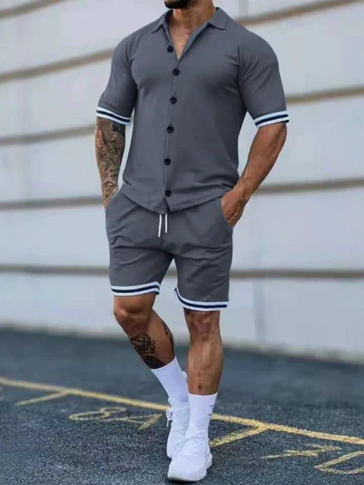 Men's Full Size Striped Hem Button Up Top and Shorts Set Plus Size