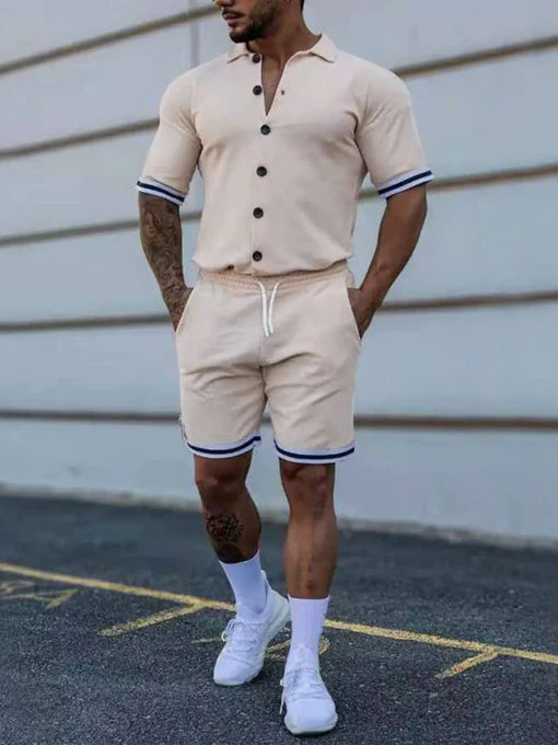 Men's Full Size Striped Hem Button Up Top and Shorts Set Plus Size